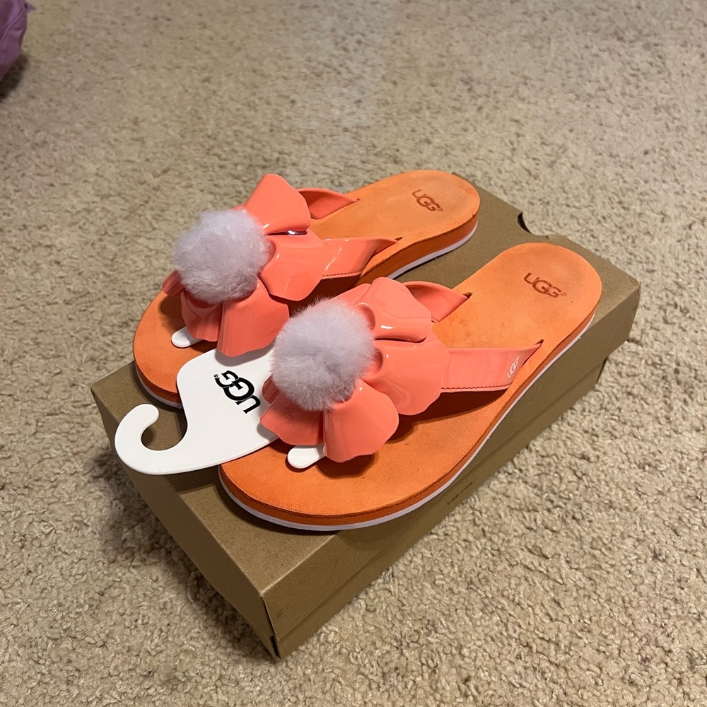 UGG Poppy Flip Flips w/ Fluffy White Pom Poms